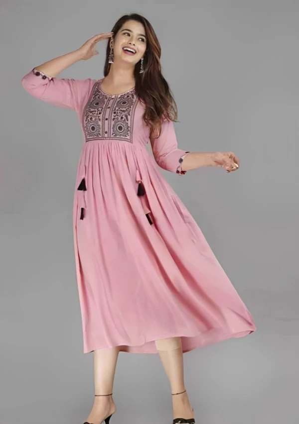 Attractive Pink Colour Rayon Printed Anarkali Kurti For Women - M