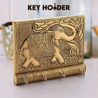 4IN1 WOODEN KEY HOLDER Wooden Key Holder for Home Decor Stylish Metal Gold Antique Elephant Design Key Chain Holder Wall Mounted Keys Holder for Home (1 Pc / 4 Hook keyholder) (1751)