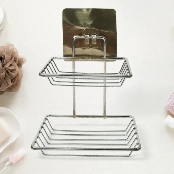 2LAYER SS SOAP STAND Kitchen Bathroom Soaps Storage Rack with 2 Hook for Home (1933)