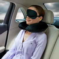 3 In 1 Comfortable Travel Sleeping Kit, Neck Pillow, Eye Mask & Ear Plug Set Inflatable Plane Sleeping Pillow Head Neck Support Pillows For Travel Airplane Office, Black (1583) - Black