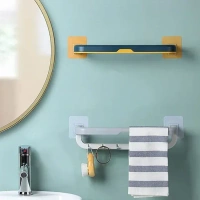 FOLDING DOUBLE TOWEL BAR Wall Mounted Double Bar Towel Holder with Hooks | Multifunctional Adjustable Towels Rack for Kitchen / Bathroom | Folding Towel Shelf (1761)