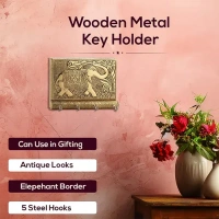 4IN1 WOODEN KEY HOLDER Wooden Key Holder for Home Decor Stylish Metal Gold Antique Elephant Design Key Chain Holder Wall Mounted Keys Holder for Home (1 Pc / 4 Hook keyholder) (1751)