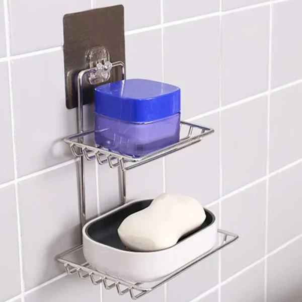 2LAYER SS SOAP STAND Kitchen Bathroom Soaps Storage Rack with 2 Hook for Home (1933)