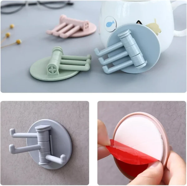 2PCS FOLDABLE HOOK ROUND Sticky Hook Household Strong Punch-Free Hook, 180°Foldable Multi-Function Rotatable Hook with 3 Hooks, Suitable for Bathroom, Kitchen, Office 