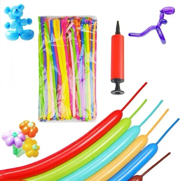 100PCS PIPE BALLON WITH PUMP, 100PCS Pipe Balloons with Pump – Fun Balloon Modeling Set for Kids & Parties(2130)