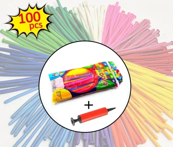 100PCS PIPE BALLON WITH PUMP, 100PCS Pipe Balloons with Pump – Fun Balloon Modeling Set for Kids & Parties(2130)