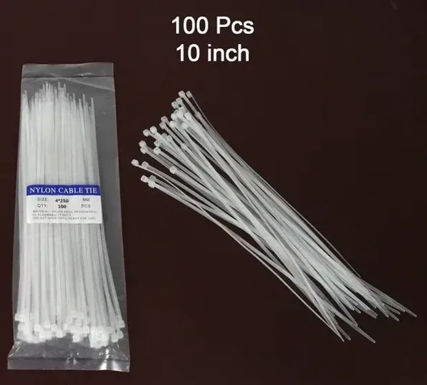 CABLE TIE 10INCH, Nylon Cable Zip Ties 100pcs – 10 Inch (4x250mm) White Heavy-Duty Self-Locking Wire Organizer for Home, Office & Industrial Use(2494)