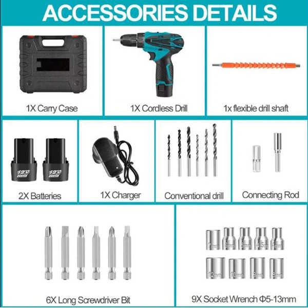 WIRELSS DRILL MACHINE, 12V House Hold Hand-held Charging Electric Drilling Machine Manual Electric Drill Machine Screw Loosening(2553)
