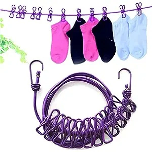 12 CLIP METAL CLOTH LINE Removable Cloth Drying Rope with Clips- 12 Metal Clips Portable Clothes Line for Travel