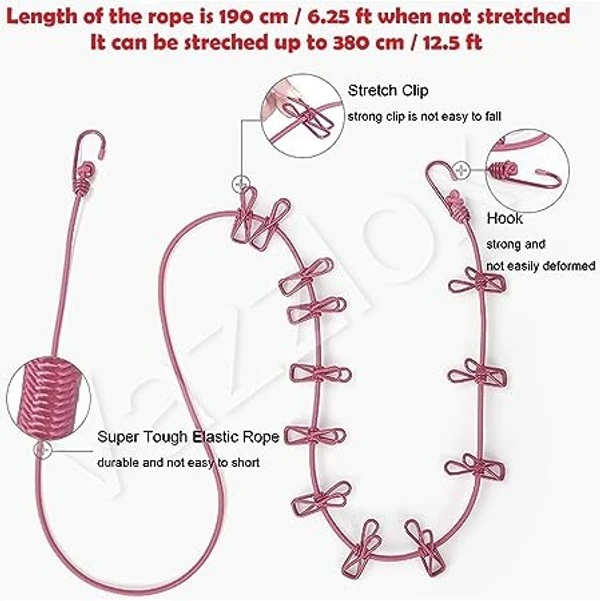 12 CLIP METAL CLOTH LINE Removable Cloth Drying Rope with Clips- 12 Metal Clips Portable Clothes Line for Travel