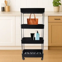 4LAYER STORAGE RACK, 4-Layer Multi-Purpose Movable Storage Rack Trolley with Wheels – Heavy Duty Plastic Organizer for Kitchen, Bathroom & Home Use  (2344)      - Black