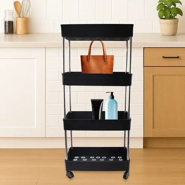 4LAYER STORAGE RACK, 4-Layer Multi-Purpose Movable Storage Rack Trolley with Wheels – Heavy Duty Plastic Organizer for Kitchen, Bathroom & Home Use  (2344)      - Black