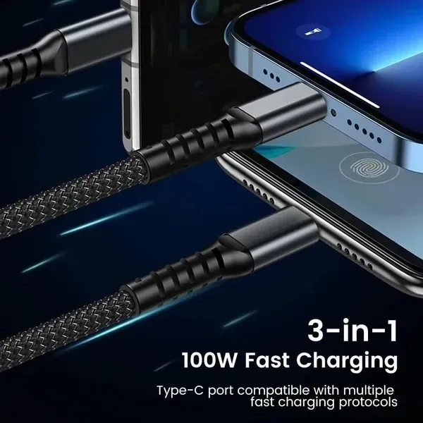 100W 3IN1 FAST CABLE, 3-in-1 100W Fast Charging Cable 1.2M – Type-C, Micro-USB & Lightning Connectors for Smartphones, Tablets & Laptops(1659)