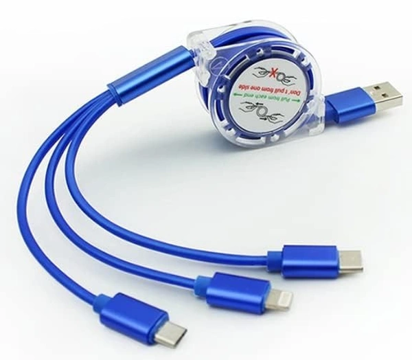 3IN1 USB CHARGING CABLE, 3-in-1 Fast Retractable Charging Data Cable with Carry Pouch | Multi-Port USB Cable Compatible with iOS, Android & Type-C Devices(1501)