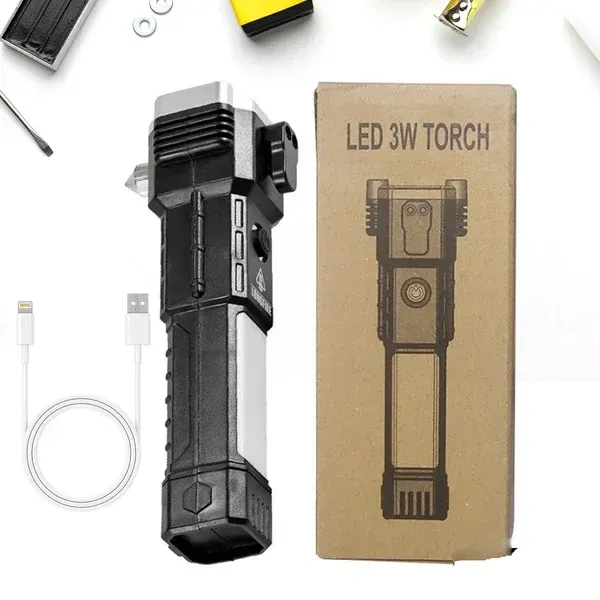 3W LED TORCH RECH., 2-in-1 Car Emergency Tool | Window Glass & Seat Belt Cutter with Rechargeable LED Flashlight(2529)