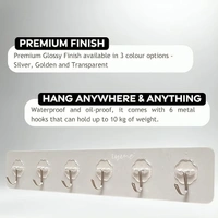 6IN1 MAGIC HOOK STICKER HEAVY QUALITY Self Adhesive Wall Hook/Hanger 6 Steel Hooks with PVC Strip (Clear) for Home, Kitchen, Bedroom, Bathroom, Keys Holder, Towel, Bag - No Drilling Required (Pack of 1) (1008)