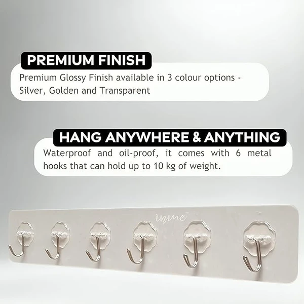 6IN1 MAGIC HOOK STICKER HEAVY QUALITY Self Adhesive Wall Hook/Hanger 6 Steel Hooks with PVC Strip (Clear) for Home, Kitchen, Bedroom, Bathroom, Keys Holder, Towel, Bag - No Drilling Required (Pack of 1)