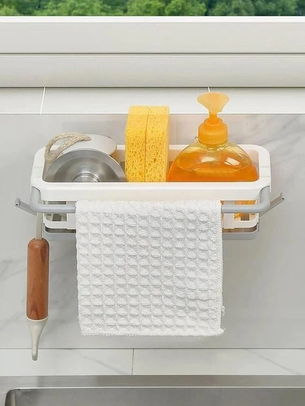 STORAGE HANGING RACK Multipurpose Platic Hanging Drain Rack Retractable Sponge Storage Hanging Rack With Adhesive Hook for Kitchen and Bathroom Dishcloth Holders Basket Drying Tray Organizer (1941)