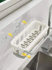 STORAGE HANGING RACK Multipurpose Platic Hanging Drain Rack Retractable Sponge Storage Hanging Rack With Adhesive Hook for Kitchen and Bathroom Dishcloth Holders Basket Drying Tray Organizer (1941)