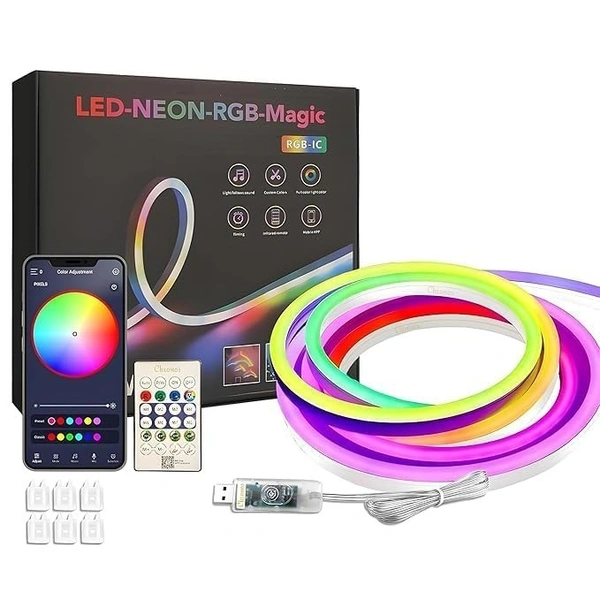 5M LED NEON RGB MAGIC, 5M LED Neon RGB Strip Light – USB Powered, Smart App + Remote Control, Music Sync, Multicolor Lighting(2600)