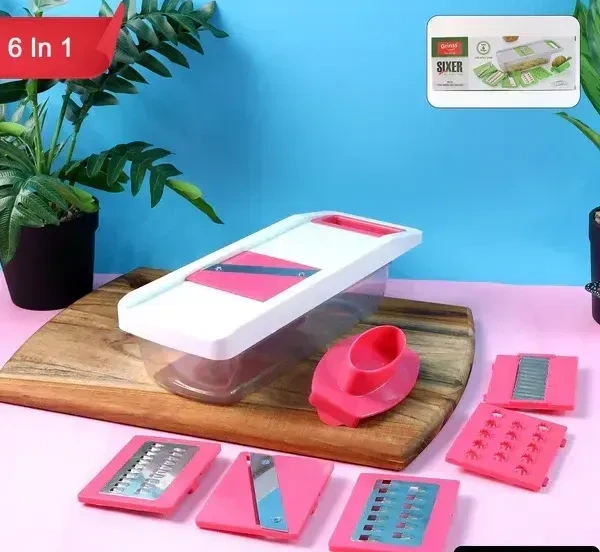 6IN1 VEG. SLICER, 6-in-1 Vegetable Slicer, Grater & Chopper Set with Storage Box | Stainless Steel Blades, Safety Hand Guard & Anti-Slip Base(2673)