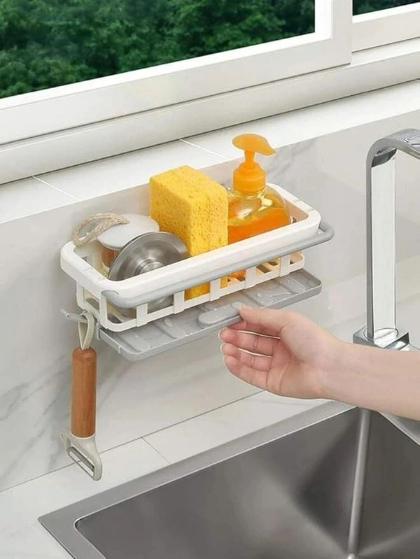 STORAGE HANGING RACK Multipurpose Platic Hanging Drain Rack Retractable Sponge Storage Hanging Rack With Adhesive Hook for Kitchen and Bathroom Dishcloth Holders Basket Drying Tray Organizer (1941)