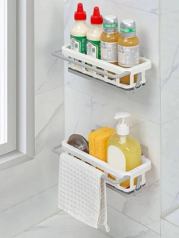 STORAGE HANGING RACK Multipurpose Platic Hanging Drain Rack Retractable Sponge Storage Hanging Rack With Adhesive Hook for Kitchen and Bathroom Dishcloth Holders Basket Drying Tray Organizer (1941)