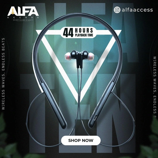 NECKBAND ALFA10 ALFAACCESS (Alfa-10) Neckband Earphones, Wireless Sports Neckband, Blutooth Neckband with Mic, Active Noise Cancellation, Up to 44Hrs Playtime. (1831)