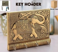 4IN1 WOODEN KEY HOLDER Wooden Key Holder for Home Decor Stylish Metal Gold Antique Elephant Design Key Chain Holder Wall Mounted Keys Holder for Home (1 Pc / 4 Hook keyholder) (1751)