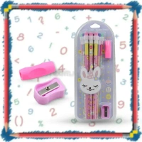 CUTE RABBIT BEAR DRAWING GRAPHITE WRITING PENCIL SET WITH PENCIL SHARPENER & ERASER (1546)