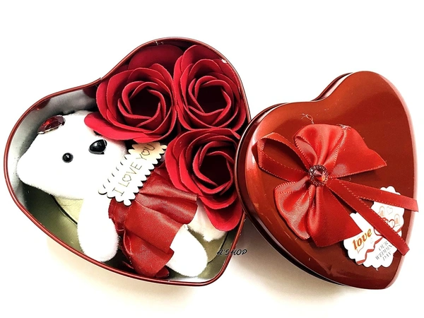 HEART SHAPE TEDDY SET Valentine's Special Cute Big Heart Shaped RED Tin Utility Box for gifting purpose (1923)