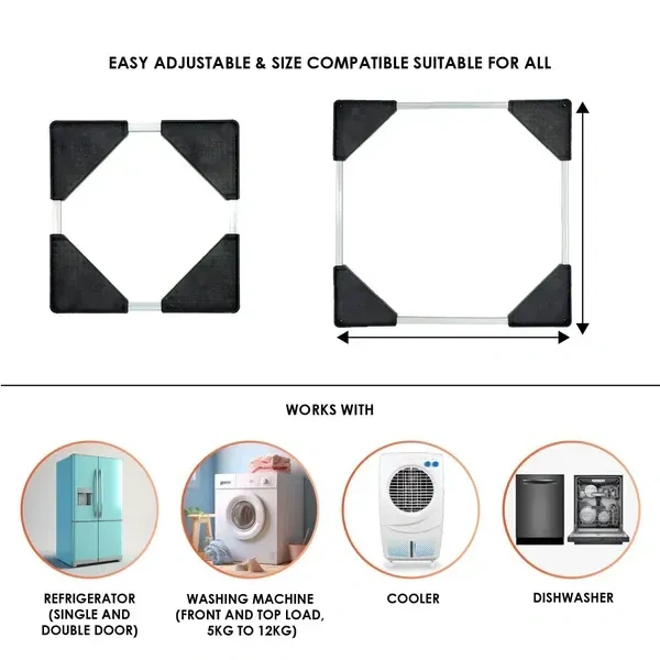 ADJ. WASHING & FRIDGE STAND, Adjustable Heavy-Duty Fridge & Washing Machine Stand Trolley Base 50x50 cm – Anti-Vibration, Rust-Proof, Movable(2507)