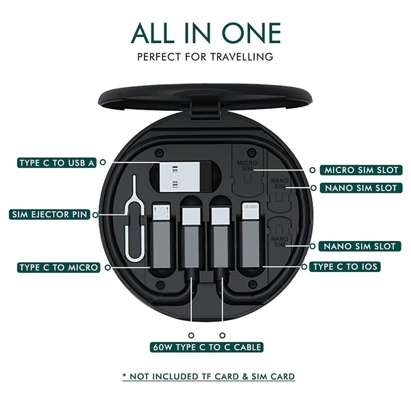 5IN1 DATA CABLE, All in One 60W USB Type C to C Fast Charging Travel Data Cable Set Micro USB and Lightning Port adapter kit with Inbuilt Phone Stand(1359)