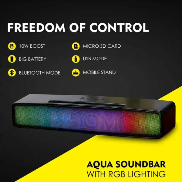 AQUA SOUNDBAR , CYOMI Aqua 10W Bluetooth Soundbar – Compact Stereo Speaker, Wireless Audio, Deep Bass (Black)(2601)