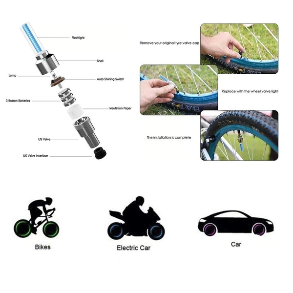 TYRE LIGHT, Bicycle Tyre LED Light Rim Valve Cap | Motion Sensor Blue Wheel Flashing Lights (Set of 2) Cycle Accessories(484)