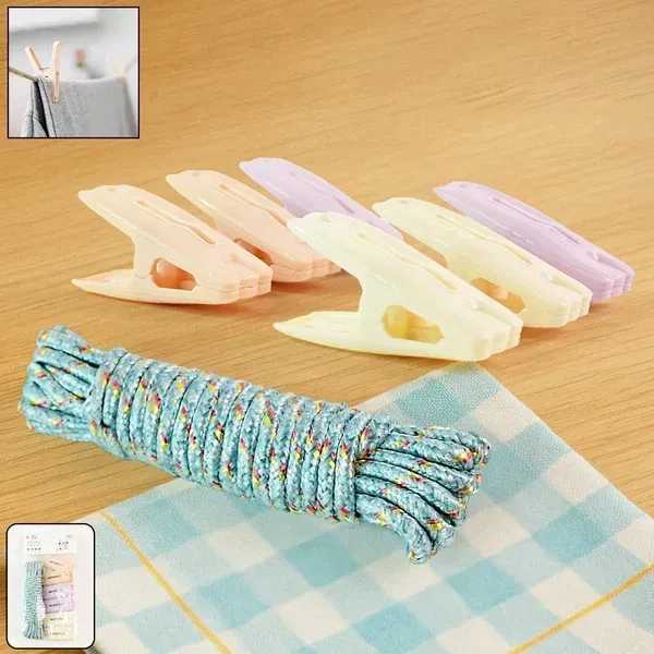 6MTR ROPE WITH CLIP, Clothesline Rope with 6 Clips – 6 Meter Approx Heavy Duty Laundry Drying Rope with Clip  (2373)    