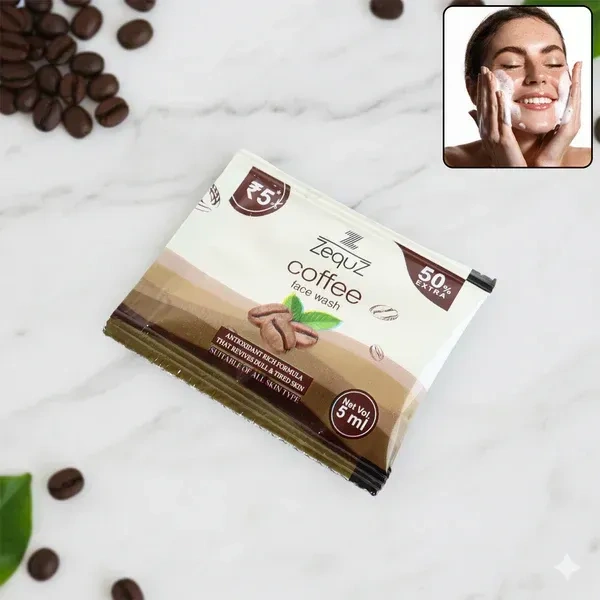 COFFEE FACE WASH 5PC, Zequz Coffee Face Wash Sachets 5ml – 5 Pack | Antioxidant-Rich Foaming Cleanser for Dull Skin | Daily Refreshing Face Wash for All Skin Types | Travel-Friendly Single-Use Pack(2701)