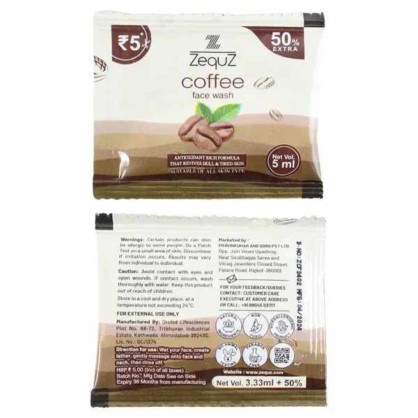 COFFEE FACE WASH 5PC, Zequz Coffee Face Wash Sachets 5ml – 5 Pack | Antioxidant-Rich Foaming Cleanser for Dull Skin | Daily Refreshing Face Wash for All Skin Types | Travel-Friendly Single-Use Pack(2701)