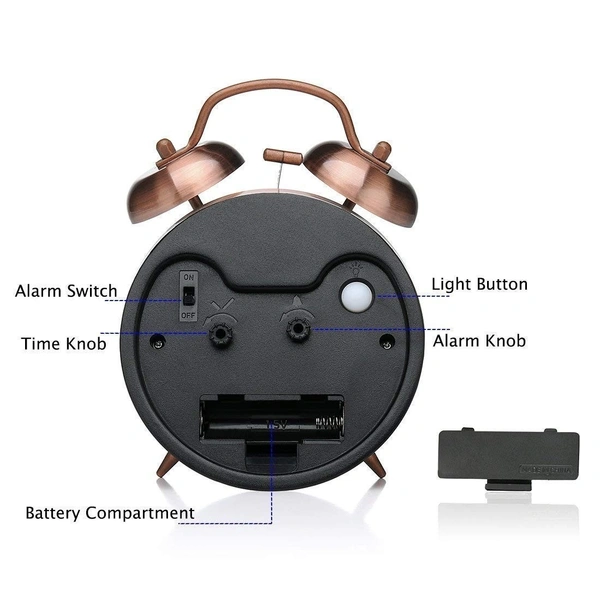 COPPER ALARM CLOCK, Vintage Twin Bell Copper Alarm Clock | Retro Table Clock with Night LED Light for Kids & Students Bedroom(2552)