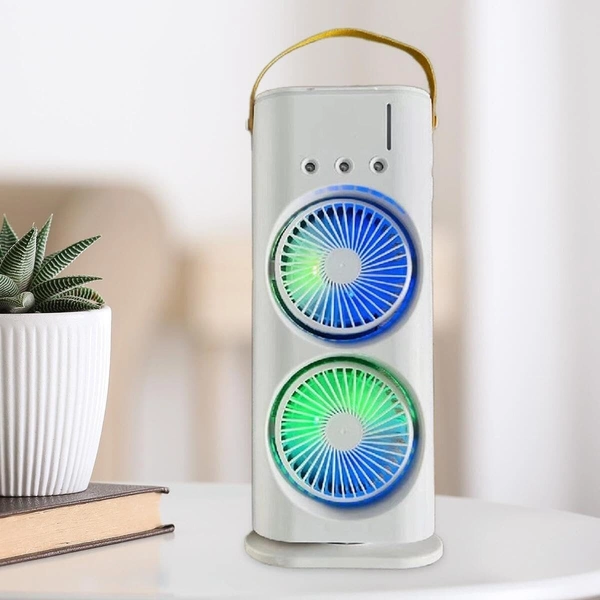 DOUBLE COOLING FAN, Double Ended Spray Fan, Cold Air Fan, 2025 New 3 Gears USB Rechargeable Oscillating fan with LED Light Cooler, Touch & Remote Control, 280ml Water Tank  (2210) - White