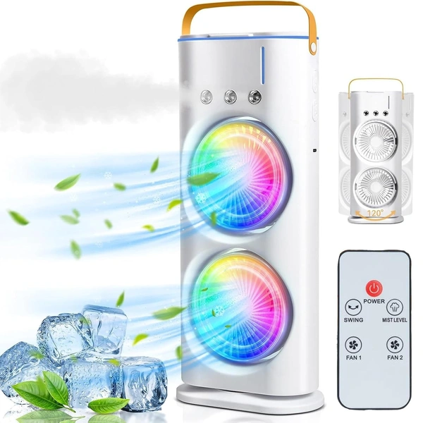 DOUBLE COOLING FAN, Double Ended Spray Fan, Cold Air Fan, 2025 New 3 Gears USB Rechargeable Oscillating fan with LED Light Cooler, Touch & Remote Control, 280ml Water Tank  (2210) - White