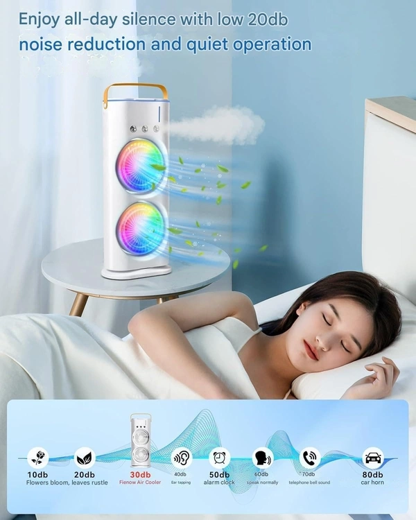 DOUBLE COOLING FAN, Double Ended Spray Fan, Cold Air Fan, 2025 New 3 Gears USB Rechargeable Oscillating fan with LED Light Cooler, Touch & Remote Control, 280ml Water Tank  (2210) - White