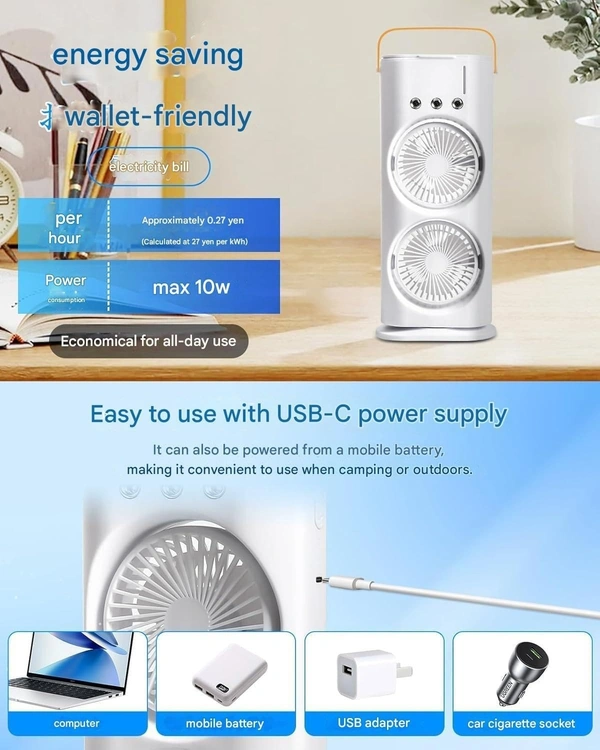 DOUBLE COOLING FAN, Double Ended Spray Fan, Cold Air Fan, 2025 New 3 Gears USB Rechargeable Oscillating fan with LED Light Cooler, Touch & Remote Control, 280ml Water Tank  (2210) - White