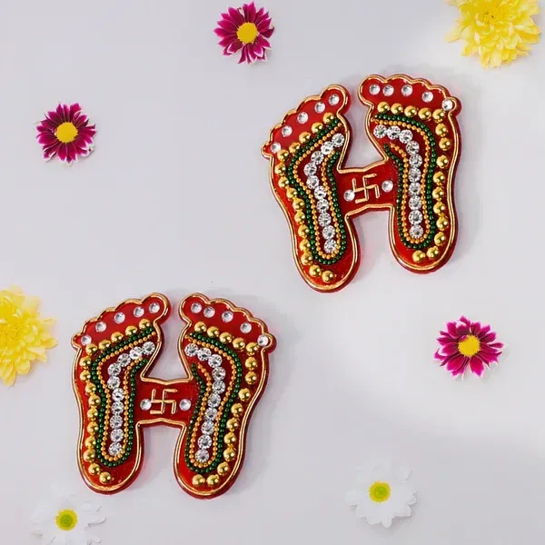 2PCS CHARAN PADUKA, Decorative Laxmi Charan Paduka Sticker Set, Decorative Footprint Stickers for Pooja Room, Door, Temple   (2225)