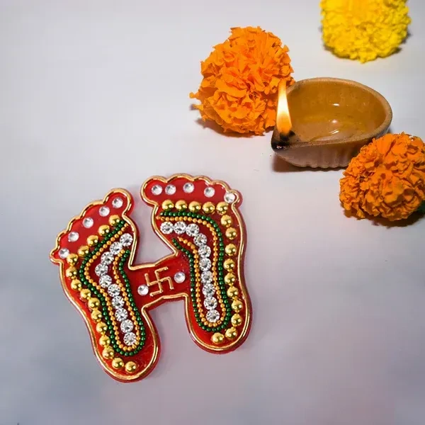 2PCS CHARAN PADUKA, Decorative Laxmi Charan Paduka Sticker Set, Decorative Footprint Stickers for Pooja Room, Door, Temple   (2225) - Pack of 2