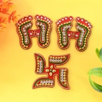 3PCS CHARAN N SWASTICK, Decorative Laxmi Charan (Pagla) & Swastik Combo Set – Traditional Gemstone Rangoli for Diwali & Pooja Decor (Pack of 3)   (2345)     