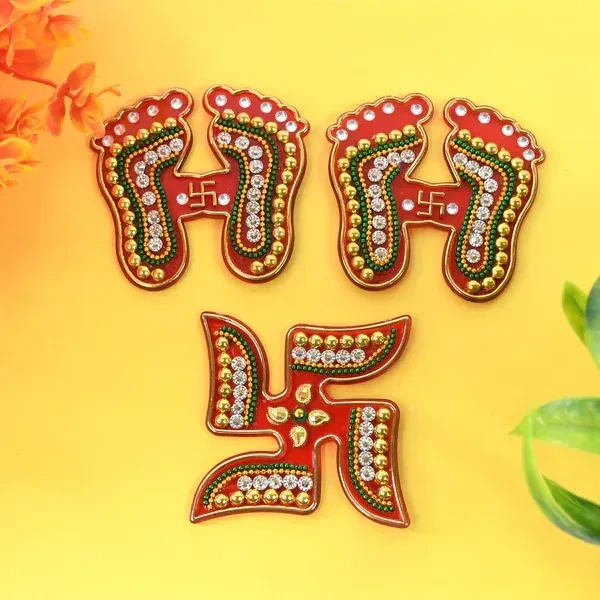 3PCS CHARAN N SWASTICK, Decorative Laxmi Charan (Pagla) & Swastik Combo Set – Traditional Gemstone Rangoli for Diwali & Pooja Decor (Pack of 3)   (2345)     