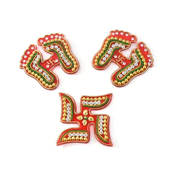3PCS CHARAN N SWASTICK, Decorative Laxmi Charan (Pagla) & Swastik Combo Set – Traditional Gemstone Rangoli for Diwali & Pooja Decor (Pack of 3)   (2345)     