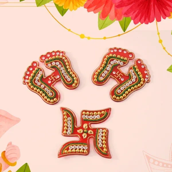 3PCS CHARAN N SWASTICK, Decorative Laxmi Charan (Pagla) & Swastik Combo Set – Traditional Gemstone Rangoli for Diwali & Pooja Decor (Pack of 3)   (2345)     