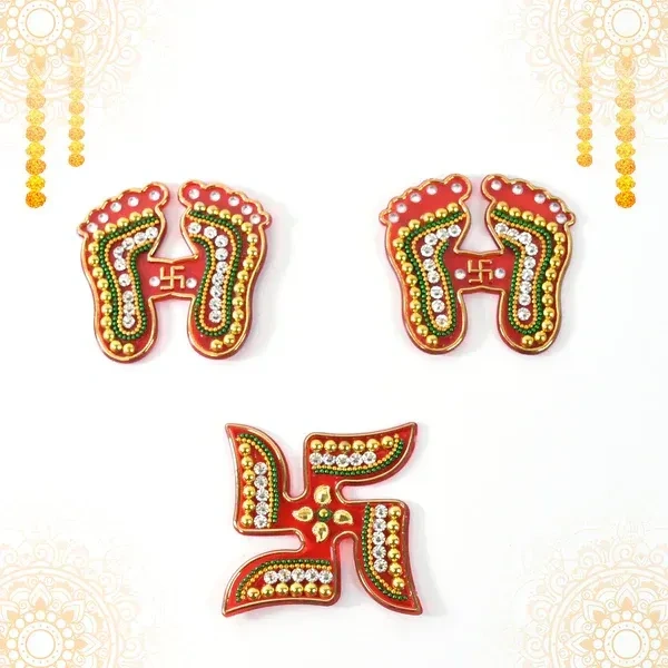 3PCS CHARAN N SWASTICK, Decorative Laxmi Charan (Pagla) & Swastik Combo Set – Traditional Gemstone Rangoli for Diwali & Pooja Decor (Pack of 3)   (2345)     